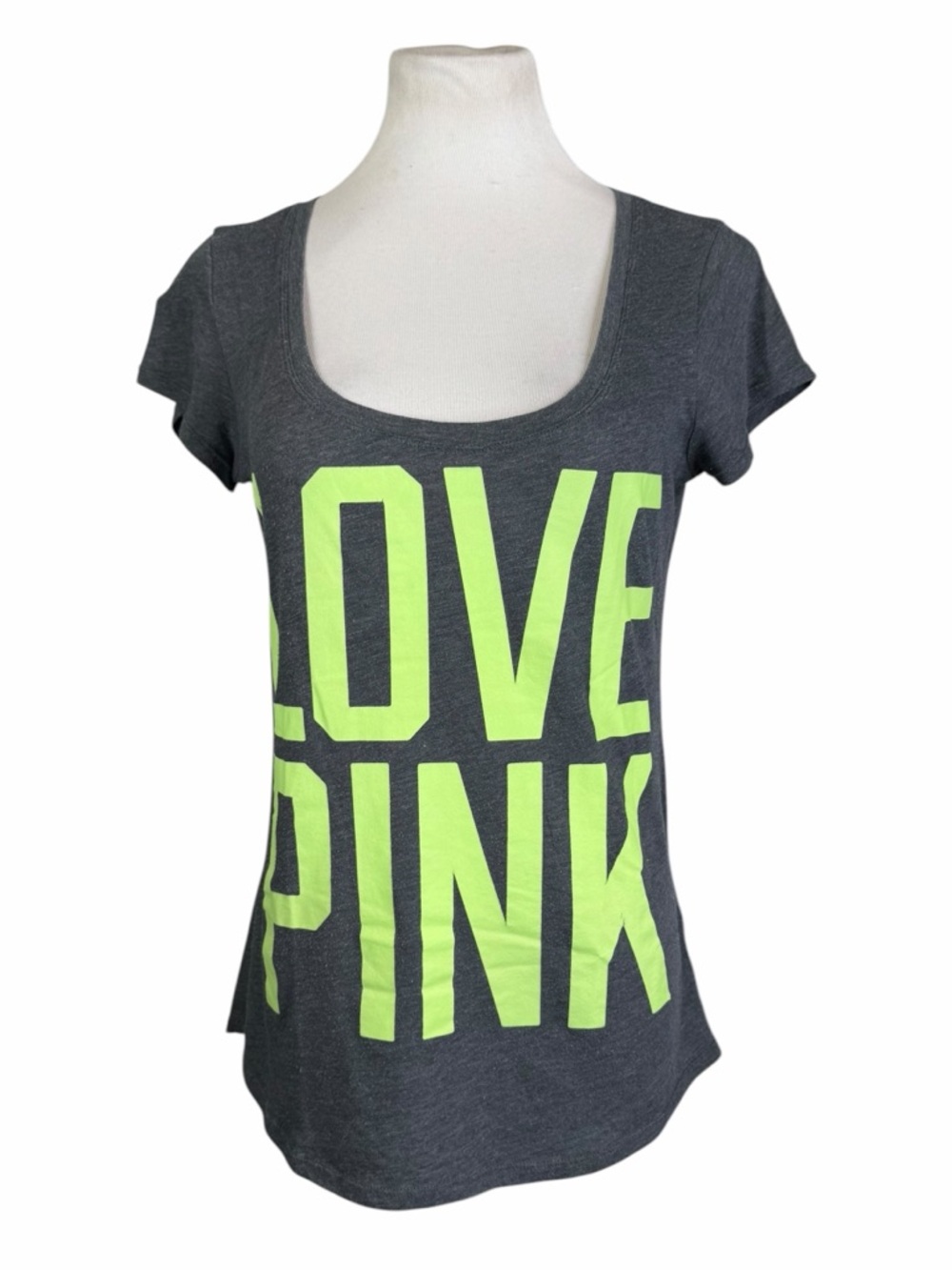 10/$25🦋 VS PINK Dark Gray & Lime Green LOVE PINK Scoop Neck Graphic Tee - Medium